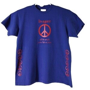 Boho Alien T-Shirt Men's L Blue/Red Imagine Peace Sign Short Sleeve Street Wear